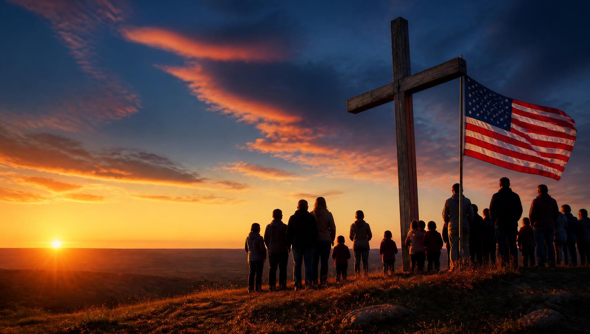 A family and neighbors gathered at sunrise beside a wooden cross and the American flag